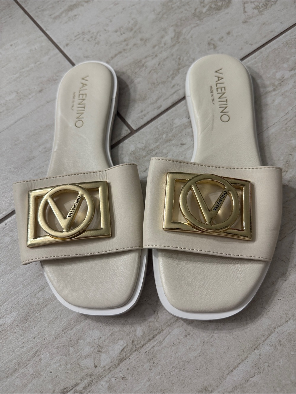 Valentino Cream Slide Sandals with Gold Logo Plaque..new..authentic ..size 6